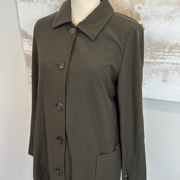 Eileen Fisher Washable Stretch Crepe Collared Long Jacket Medium Woodland Green - Picture 2 of 5
